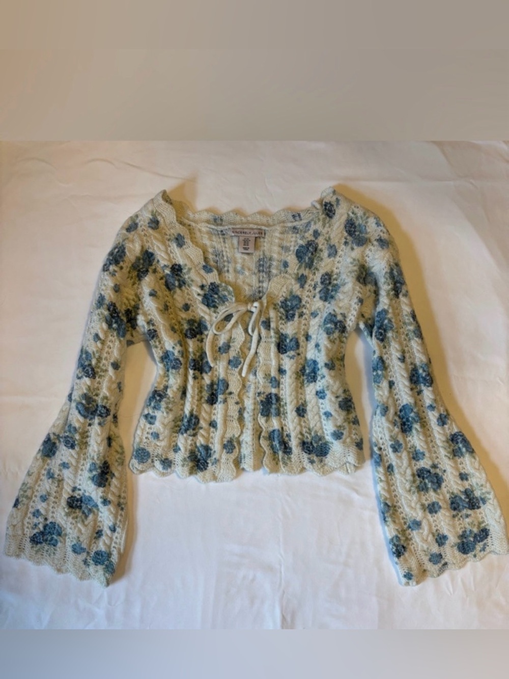 Blue Floral Lace-Up Knit Sweater